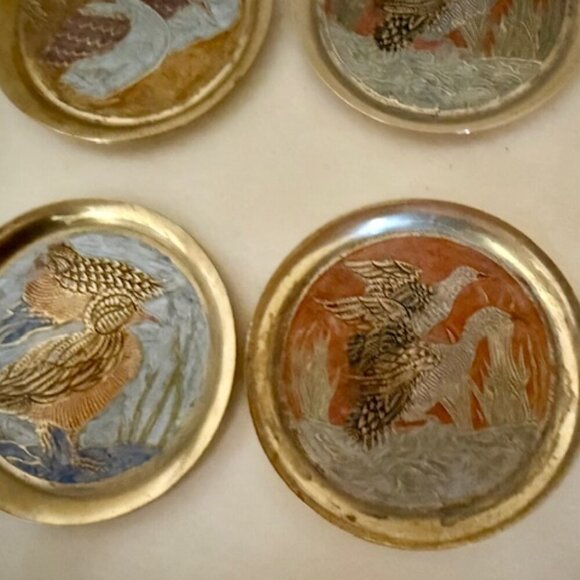 Vintage Metal coasters Birds Flowers Cloisonné Enameled Brass - Picture 3 of 6